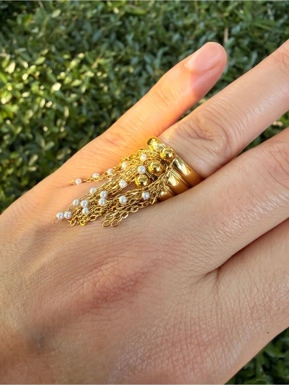 Gold Tassel Chain Ring with Pearl Accents